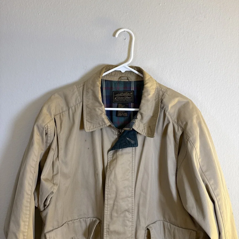 Vtg Eddie Bauer Sandstone Bomber Jacket Tan Plaid Lined Mens Large 90s Stained‎